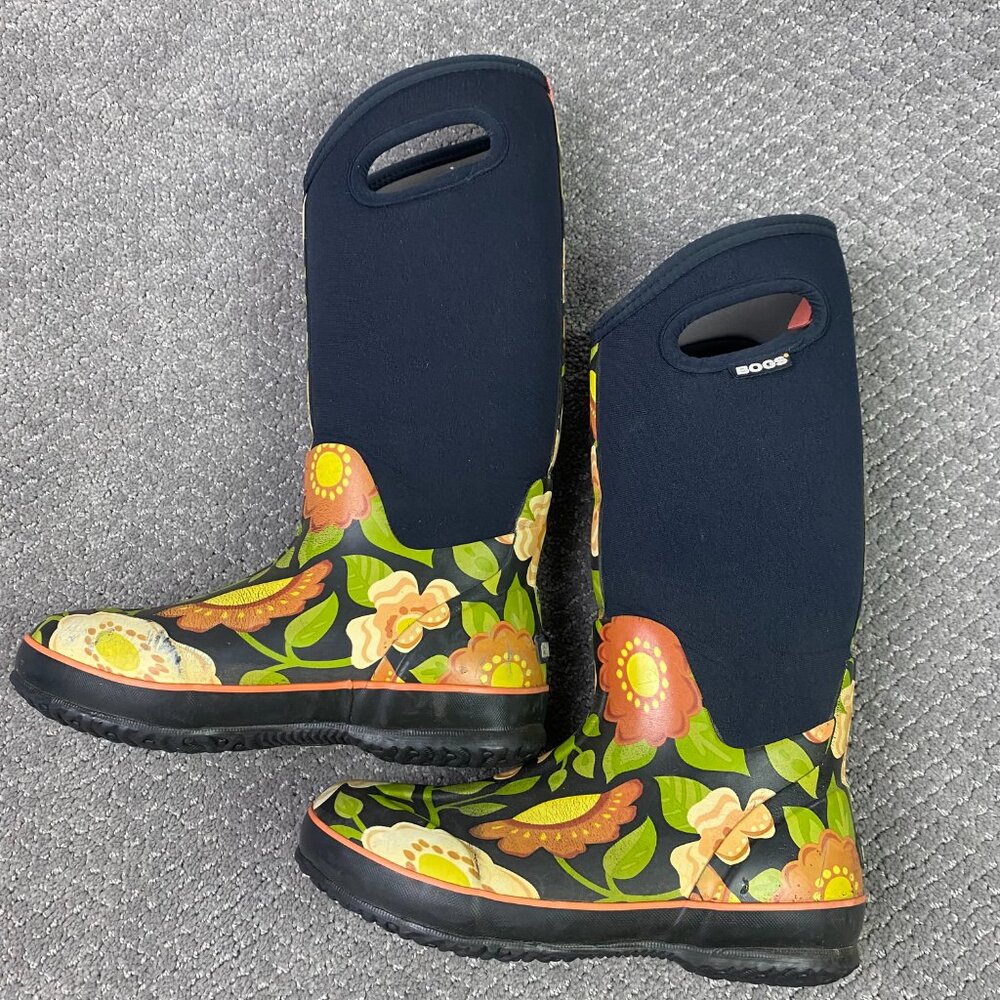 Bogs Boots Women's 6 Black Yellow Floral Secret Garden Rubber Waterproof Rain